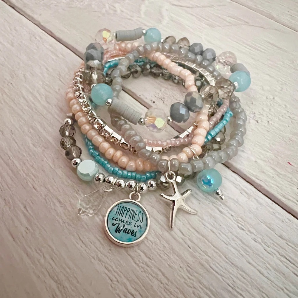 Multi-Layered Beaded Bracelet Set with Charms